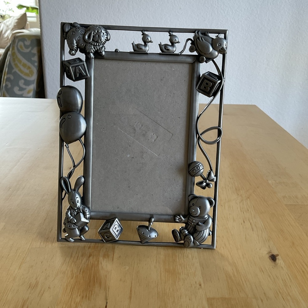 Pewter Baby Picture Frame 4x6 90s Sheep Ducks Blocks Rabbit Bear Balloons Toys